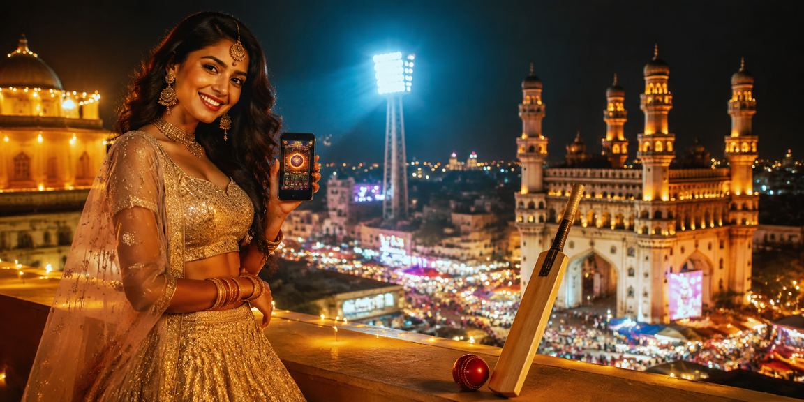 Hyderabad Charminar with cricket betting backdrop and traditional lehenga