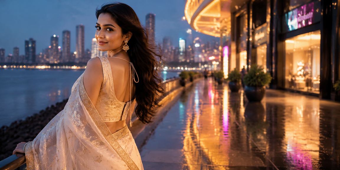 Indian celebration scene with formal saree and festive atmosphere