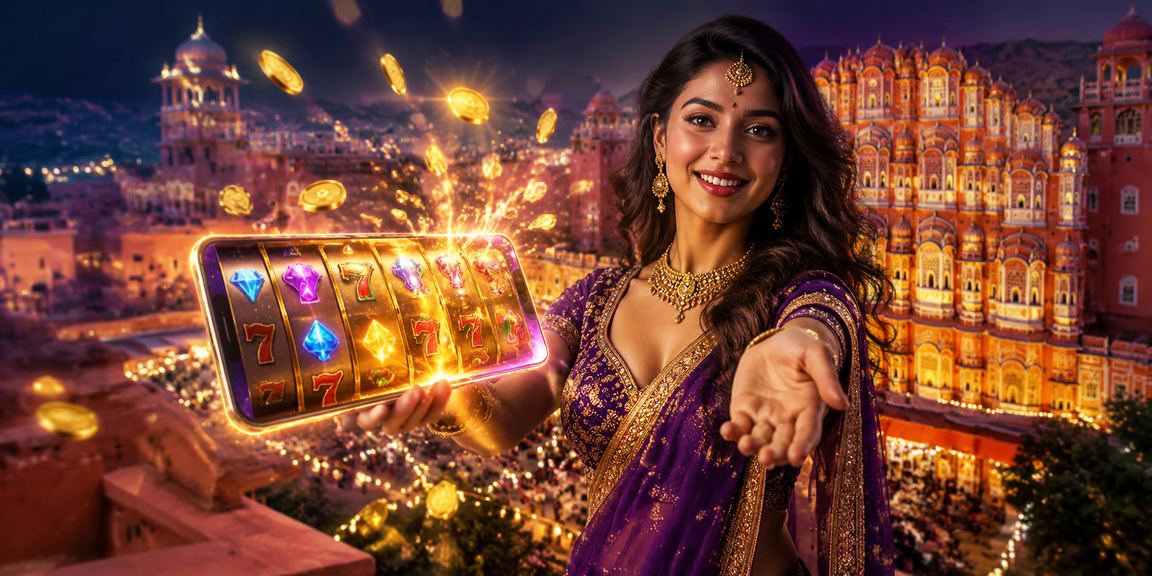 Jaipur Hawa Mahal illuminated at night near slot game machines